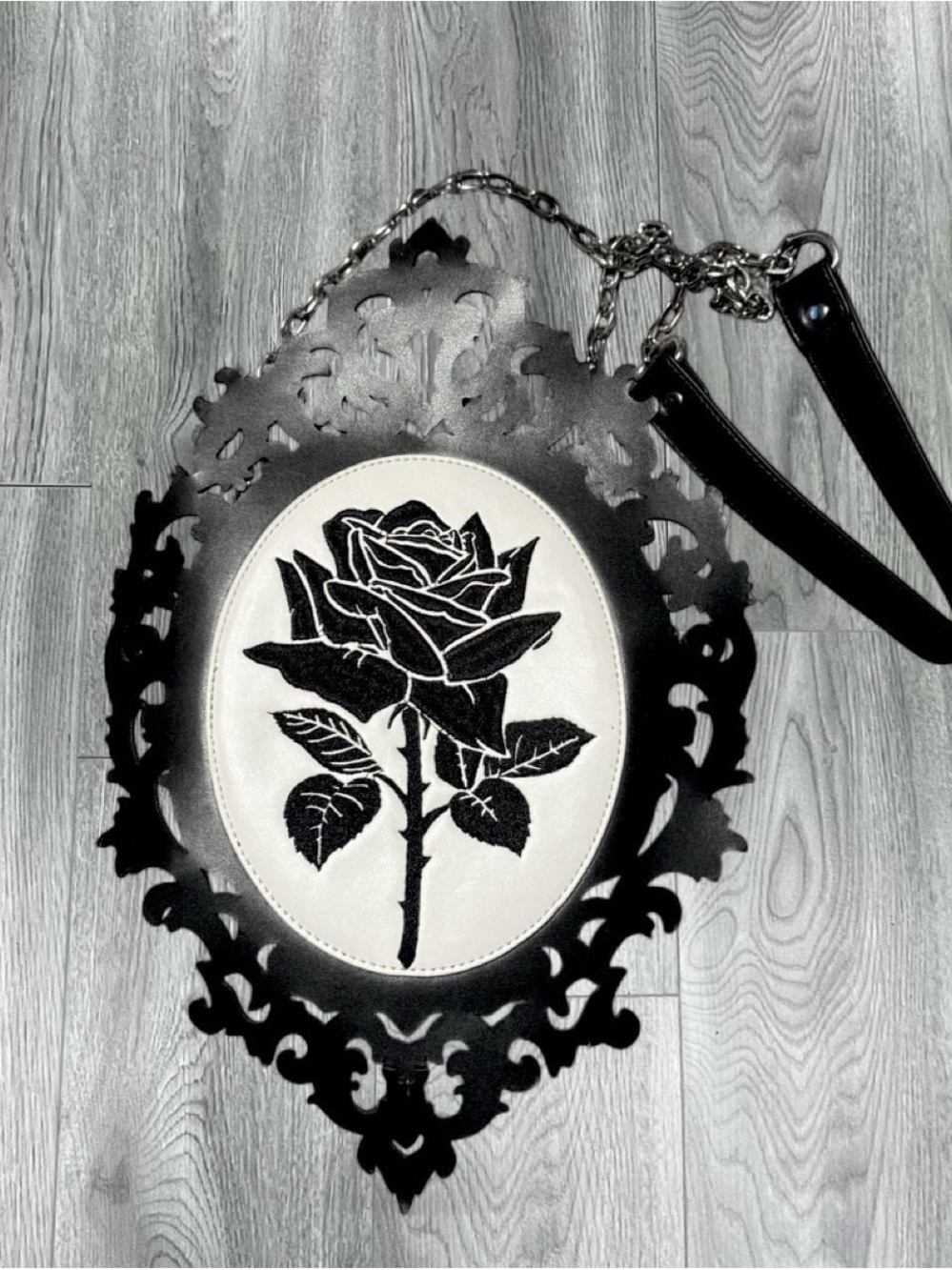 Black & white Rose-Embroidered Shoulder Bag